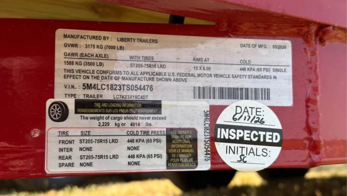 7×18 car hauler — GVWR rating label (7,000 lbs)