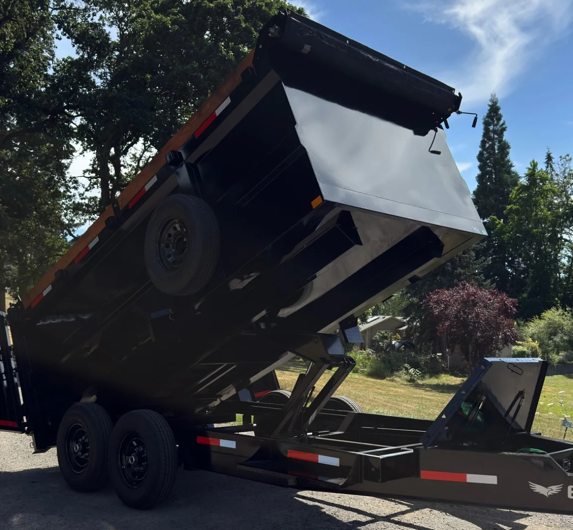 Eagle 7×14 dump trailer — hydraulic bed raised